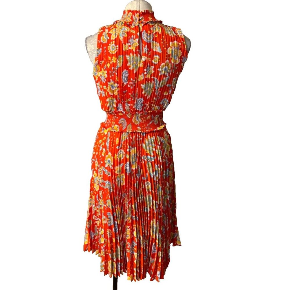 Nanette Lepore Dress 4 Pleat Mock Neck Smocked Red Orange Yellow Floral Washable - Picture 4 of 9